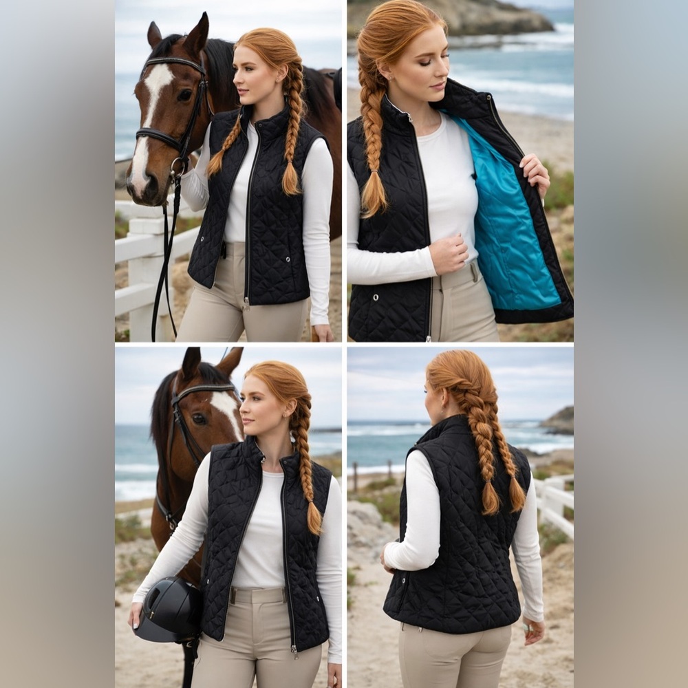 EUC Marc Cain Virgin Wool Quilted Vest Black Zip Sz N5 US 10 12 Turquoise Lined
